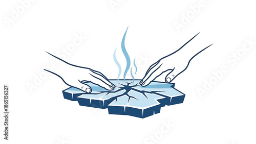Stylized illustration features hands interacting with a fragmented, icy surface. Steam rises from a central crack. Suggests change, fragility
