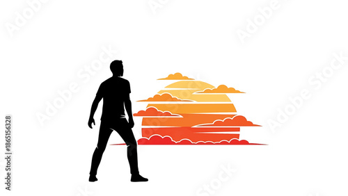Silhouette of a person watching a sun setting behind clouds with orange and red hues on a white background