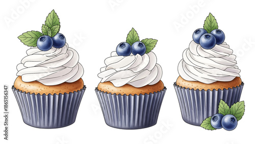 Three illustrated cupcakes, each with a swirl of white frosting and topped with blueberries and green leaves. Set against a white background