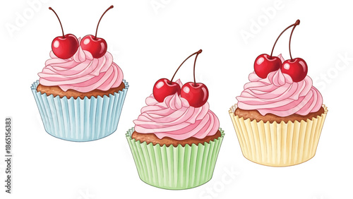 Three illustrated cupcakes, each with pink frosting, cherries, and a different colored paper wrapper, isolated on a white background