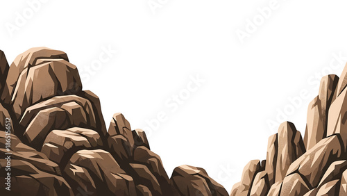 Stylized illustration of a rock formation. The composition features textured, layered brown rock surfaces with varying shades and a white background