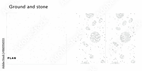 A minimalist depiction of ground texture with scattered stones and sparse vegetation