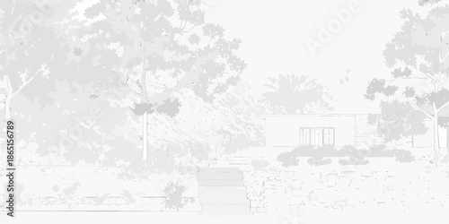 A simple modern house surrounded by lush greenery and a quiet landscape