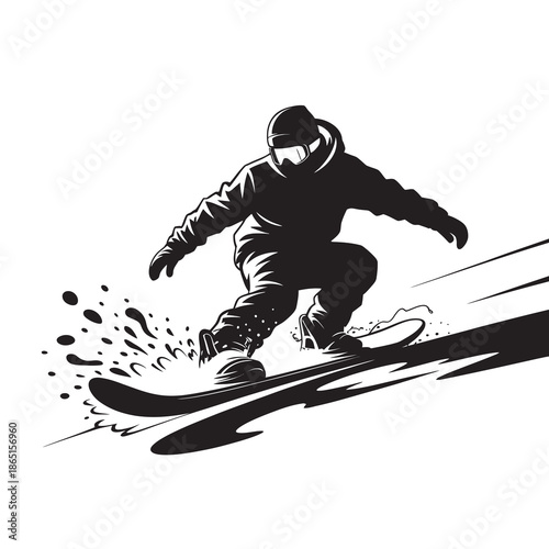Dynamic black and white illustration of a snowboarder carving through fresh snow on a mountain slope