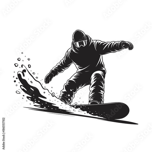 Dynamic black and white illustration of a snowboarder carving through fresh snow
