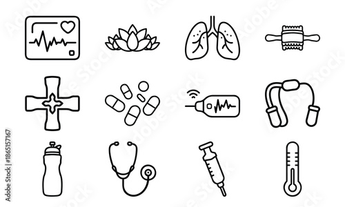 Versatile Lifestyle Icon Set Featuring Fitness Dumbbells, Blood Pressure Monitor, Calendar, Kitchen Utensils, Electric Kettle, First Aid Kit, and Decorative Tableware Collage