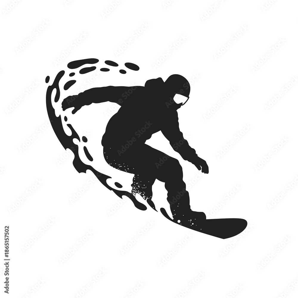 Fototapeta premium A striking black silhouette of a snowboarder carving a turn on a mountain slope with a fluid spray effect.