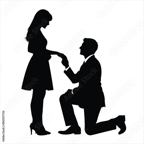 Black silhouette of a man proposing to a woman on one knee for engagement marriage or romantic valentine's day design