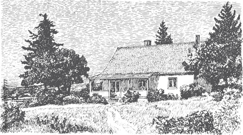House with detailed front garden and trees. Black and white vintage vector illustration of a rural landscape scene showcasing simplicity.