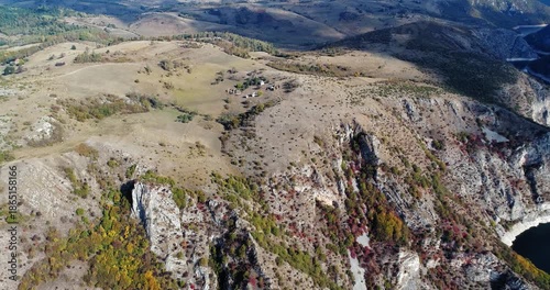 Aerial view of rocky plateau above Uvac Canyon in Serbia