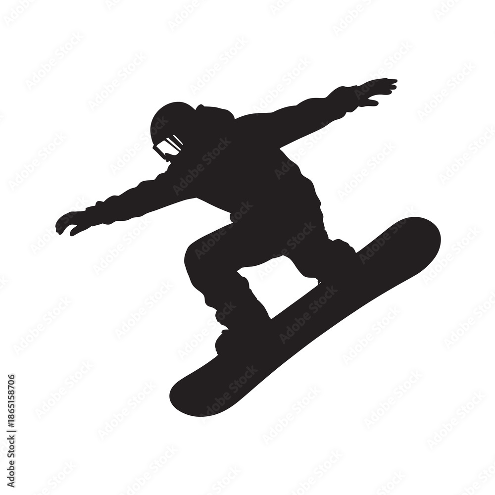 Fototapeta premium A black silhouette illustration of a snowboarder jumping and performing a trick in the air.