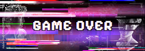Game Over Vector Pixel Art Background with Glitch Error Effect Retro 8-bit Futuristic Design Illustration for Video Games, Technology, and Abstract Concepts