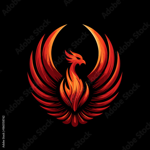 Fiery phoenix illustration symbol of rebirth and transformation on black