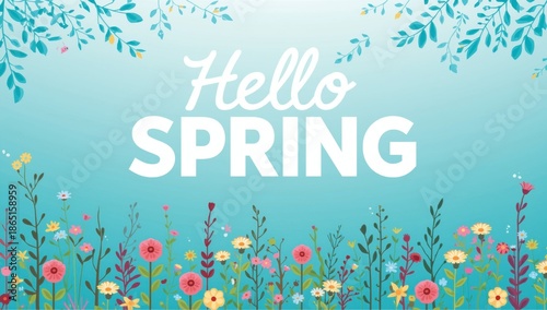 Vibrant Spring Floral Greeting Card with Hello Spring Text on Soft Blue Background Vector Illustration