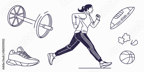 Dynamic illustration of a woman engaged in a fitness run, surrounded by essential sports equipment for a complete and healthy workout routine, embodying an active lifestyle