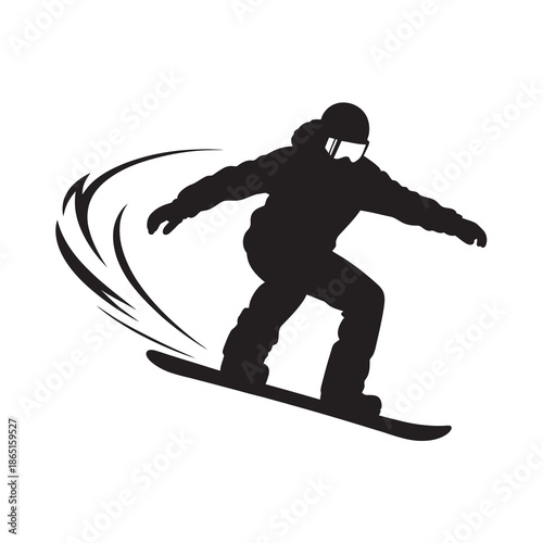 Dynamic snowboarder silhouette vector graphic capturing a fast turn on a snow-covered slope