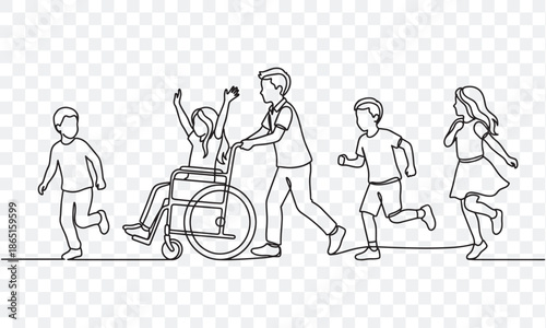 Continuous Line Drawing of Diverse Group of Children Playing Together, Including a Girl in a Wheelchair, Representing Inclusion, Accessibility and Friendship
