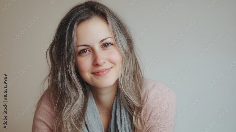 Naklejka premium Smiling Woman Wearing Pink Sweater and Grey Scarf, Natural Portrait, Lifestyle, Warm and Friendly Expression, Authentic Connection