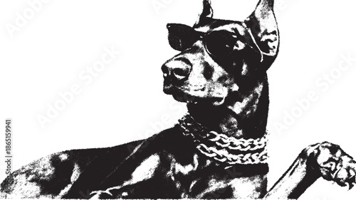 Stylish dog illustration featuring a pitbull with sunglasses and a chain collar. This bold, monochrome vector art represents a modern chic look.