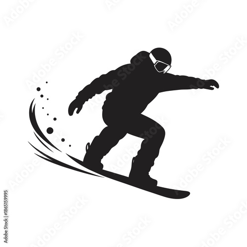 Dynamic black silhouette illustration of a snowboarder carving on a white background