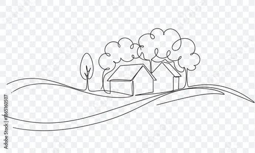Minimalist Continuous One Line Drawing of Rural Landscape with Houses and Trees on Rolling Hills, Simple Countryside Village Scene Vector Illustration