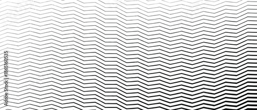 Gradient transition zigzag lattice. Diagonal smooth halftone stripes black and white wave vector background. Slanted monochrome fade-out backdrop. Abstract rhythmic geometric overlay.