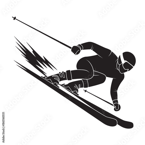 Dynamic silhouette illustration captures an alpine skier in a high-speed downhill racing turn