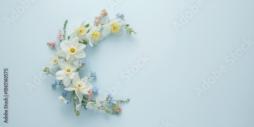 Serene Floral Arrangement of White Daffodils and Delicate Blooms on Soft Blue Background ...