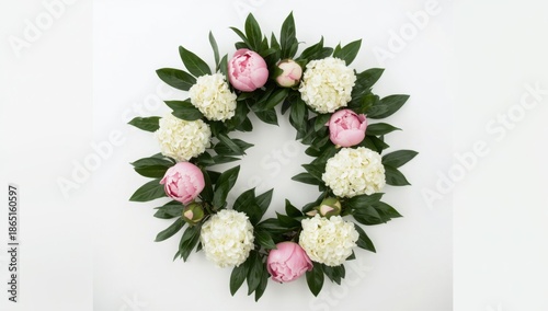 Beautiful Floral Wreath with Pink Peonies and White Hydrangeas Page Decoration for Spring 