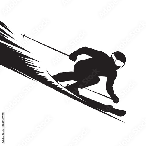 A dynamic silhouette illustration of a skier speeding down a mountain slope