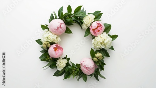 Beautiful Floral Wreath with Pink Peonies and White Hydrangeas on White Background for Wedding Decor Inspiration