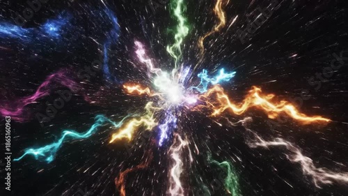 Wallpaper Mural Colorful Cosmic Energy Burst - A vibrant and dynamic burst of colorful energy radiates from a central point in space, creating an explosive visual effect. Torontodigital.ca