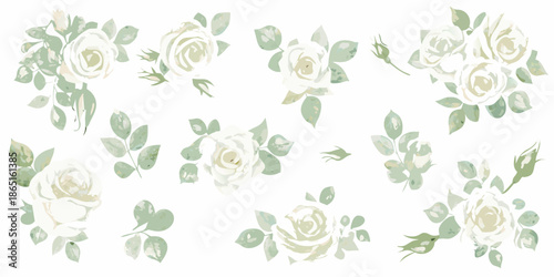 Watercolor floral arrangement featuring delicate white roses and lush green leaves