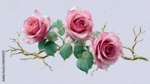 Three pink roses are on a branch. The branch is on a white background