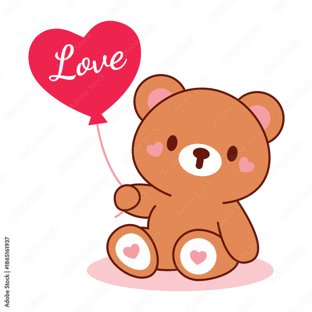 Fototapeta premium Cute Teddy Bear Holding Love Balloon Valentine Illustration