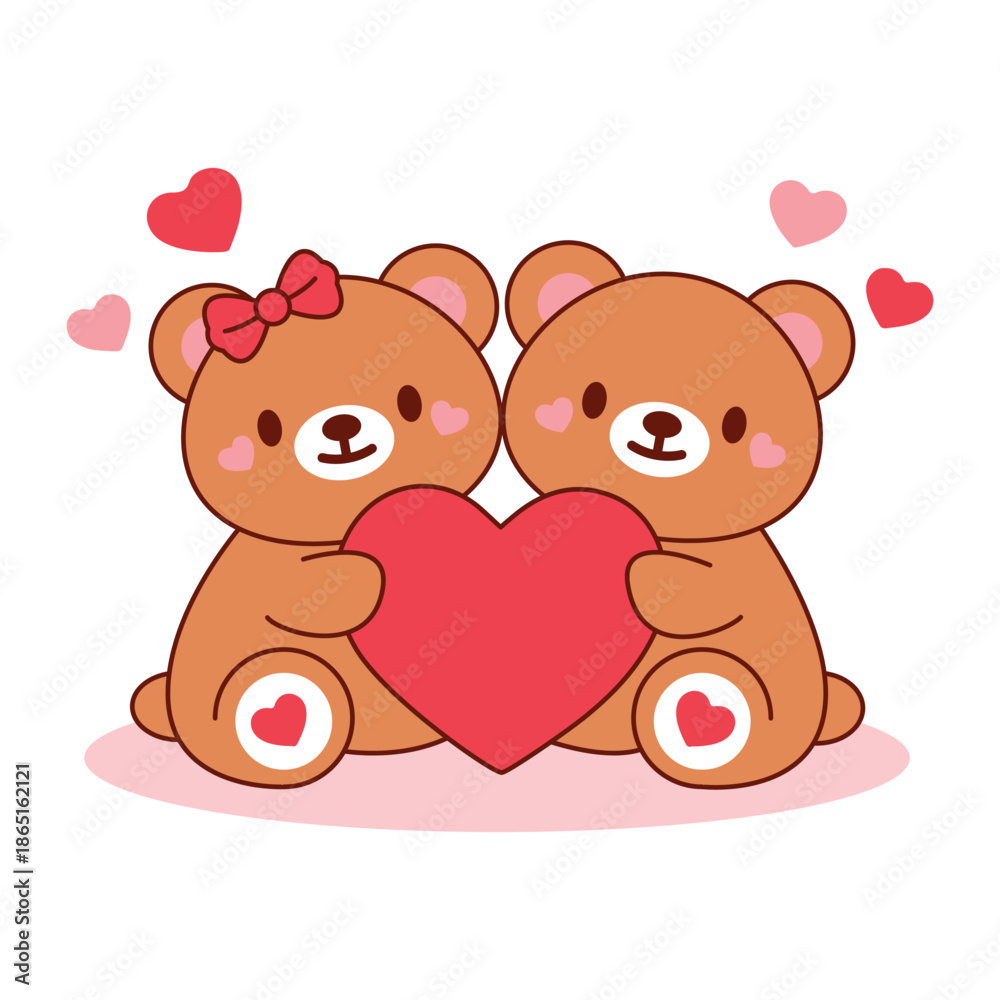 Fototapeta premium Teddy Bear Couple with Heart Valentine Illustration