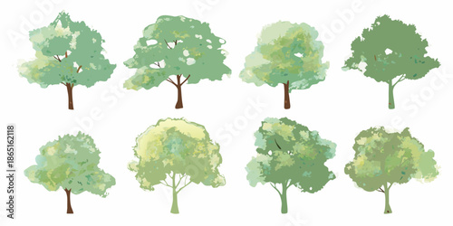 A collection of watercolor style trees in varying shapes and shades of green