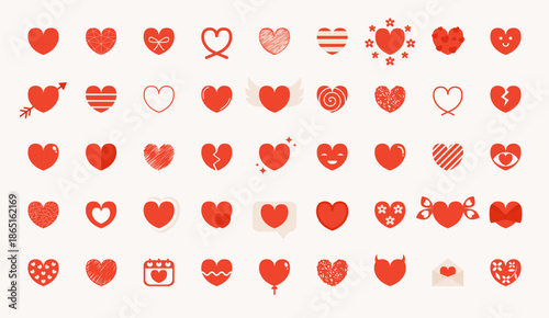 Flat style red heart vector clipart set. Simple and clean love design elements for Valentine’s Day, wedding, greeting cards and romantic designs.