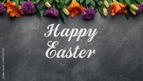 Happy Easter Floral Greeting Card with Orange Lilies and Purple Blooms on Dark Background