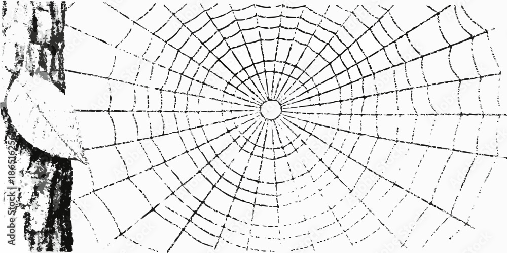Obraz premium Detailed illustration of a radial spiderweb attached to tree bark