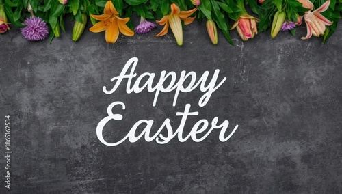 Elegant Easter Greeting Card with Floral Arrangement on Dark Background - Happy Easter Wishes Typography