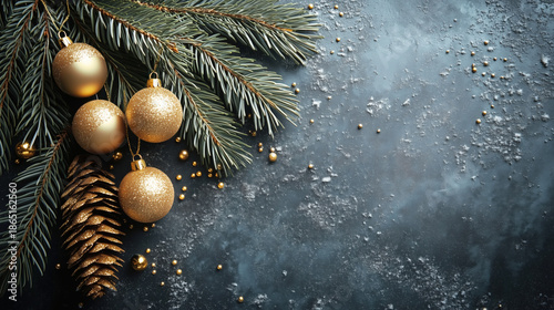 Christmas tree with gold ornaments and pine cones. The pine cones are on the left side of the tree