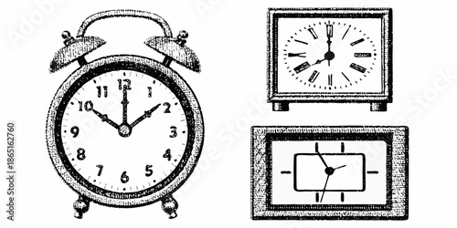 Vintage clocks and timekeeping devices illustration in a retro engraving style