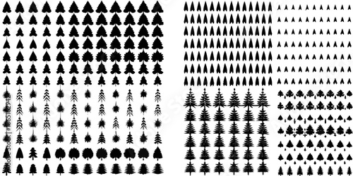 A collection of various sized black christmas trees on a white background