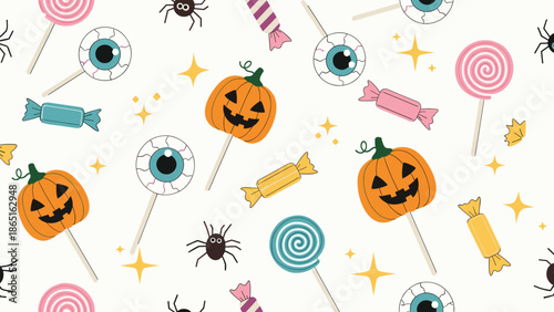 Festive Halloween pattern showcasing various sweet treats including pumpkin-shaped lollipops, candy wrappers, and spooky eyeball candies.