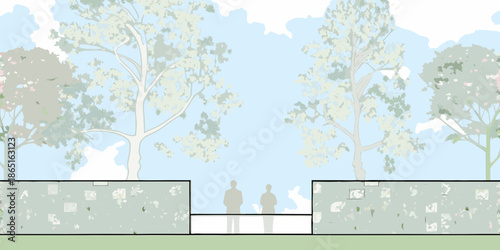 A peaceful garden scene with trees a wall and silhouetted figures