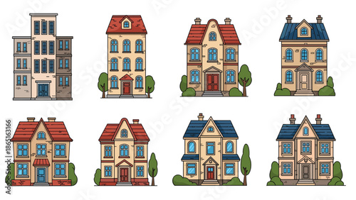 Detailed collection of eight unique cartoon houses and city apartment buildings with green trees and diverse architectural styles.