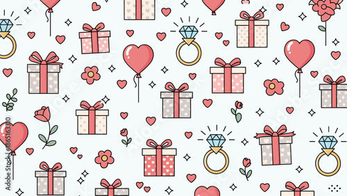 Joyful seamless pattern of wedding and celebration icons including diamond rings, gift boxes, balloons, hearts, and delicate flowers.