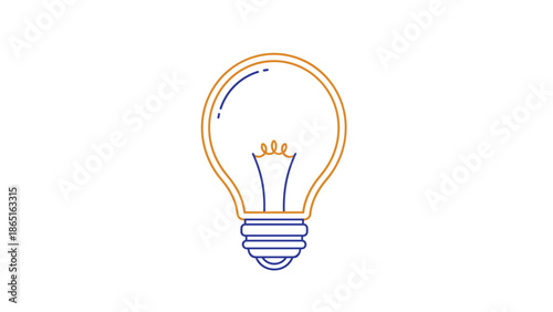 Modern line art illustration of a classic incandescent light bulb with thin blue and orange outlines representing a bright new idea.