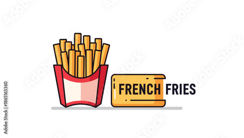 Colorful cartoon illustration of a box of crispy golden french fries with a separate yellow label containing the text French Fries.